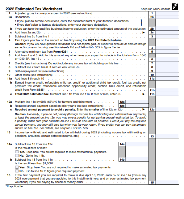 2022 Estimated Tax Worksheet