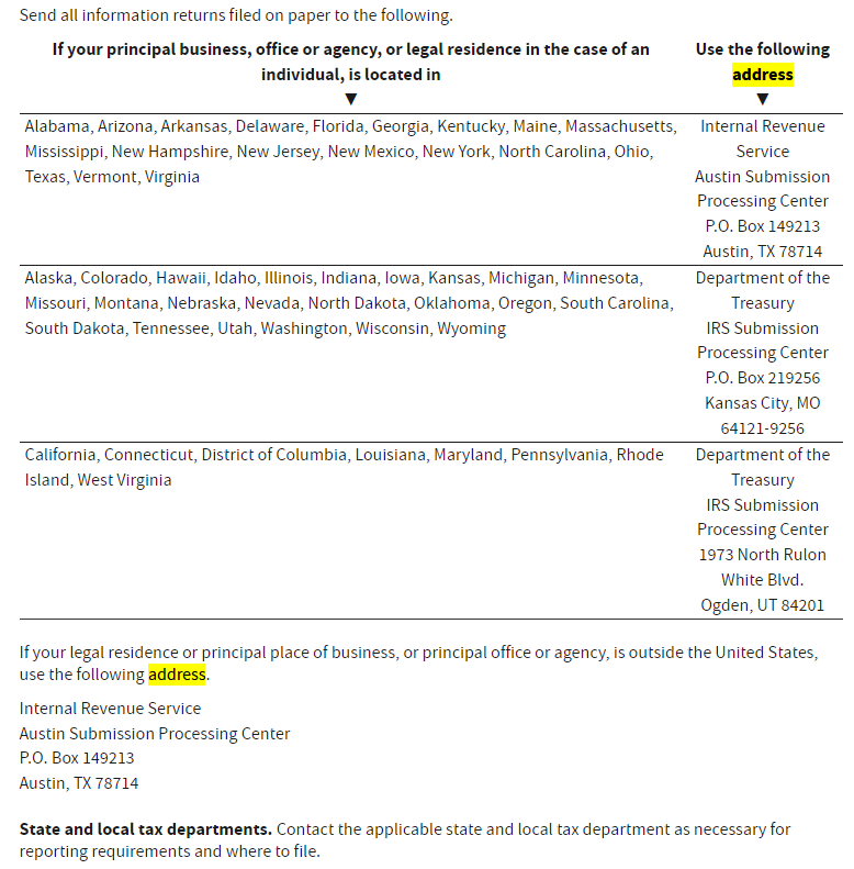 Address to submit 1099-MISC form depending on location