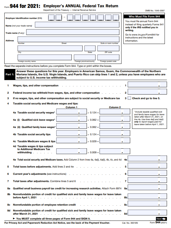 Page 1 of Form 944