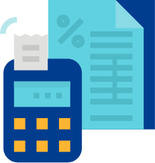 a cartoon light blue notepad next to a blue calculator