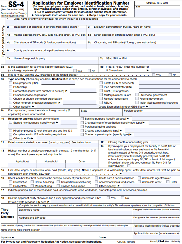 Page 1 of SS-4 Form