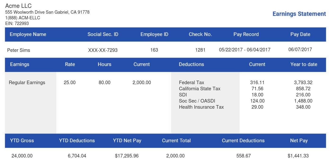 Short Blue Paystub Sample Template