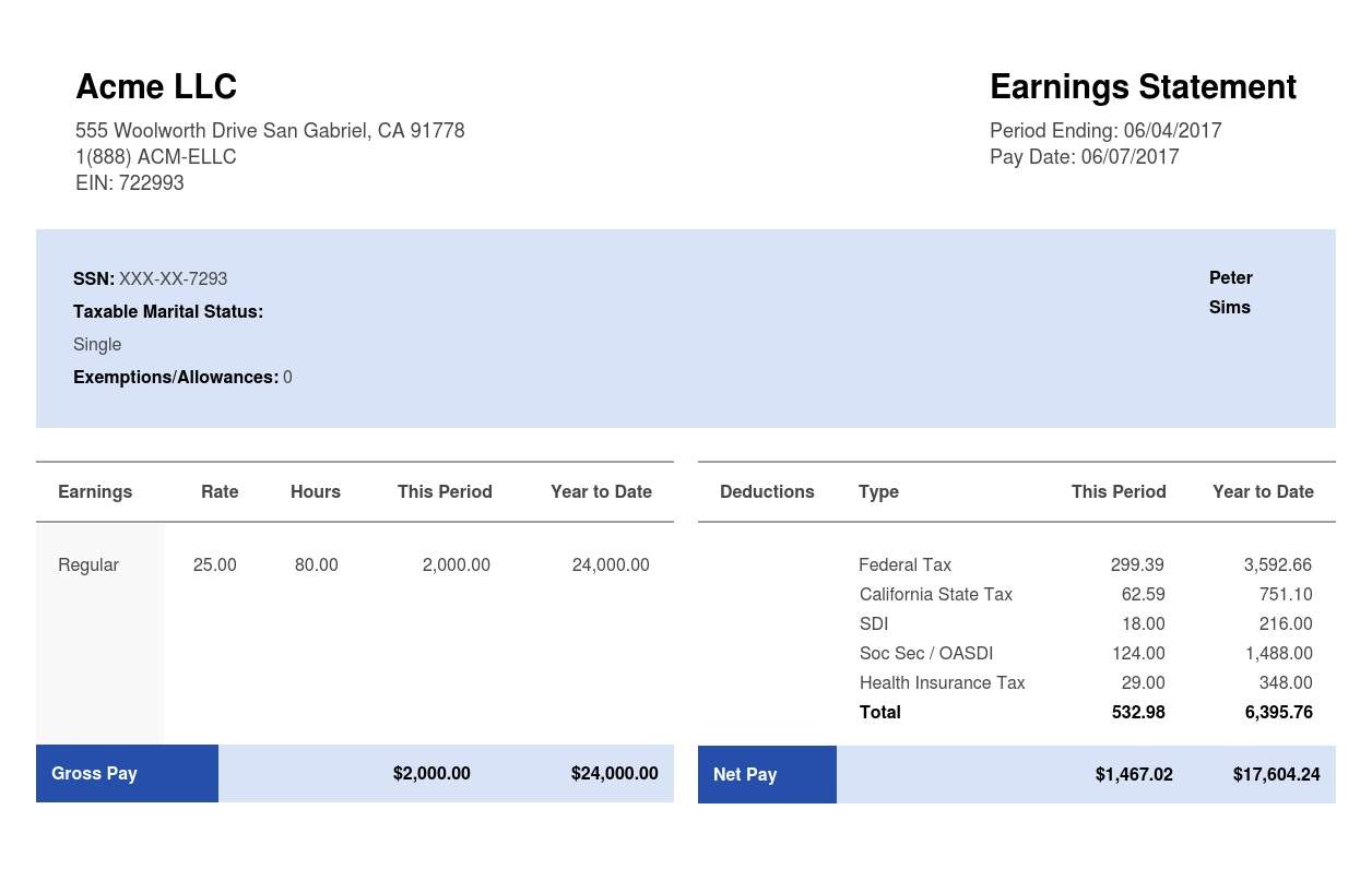 Rectangular Horizontal Blue & White Paystub Sample Template