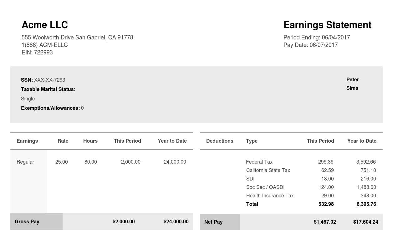 Rectangular Horizontal Black & White Paystub Sample Template