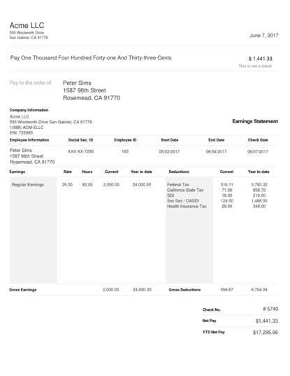 Long Blue Paystub Sample Template