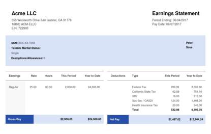 Rectangular Horizontal Blue & White Paystub Sample Template