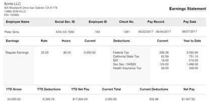 Short Black & White Paystub Sample Template